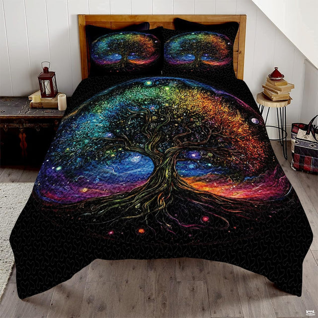 Cosmic Tree of Life bedding displaying rainbow nebula galaxy canopy and twisted roots against deep black starfield