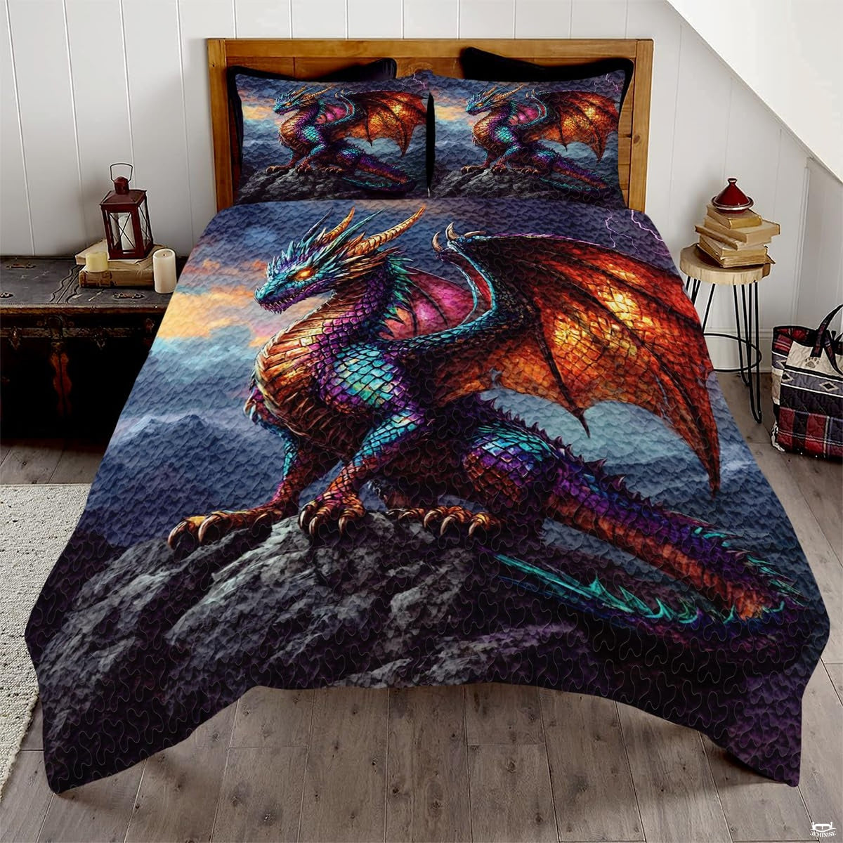 Black dragon and thunder lightning fantasy bedding set displayed on a bed in a modern bedroom