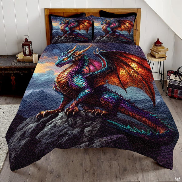 Black dragon and thunder lightning fantasy bedding set displayed on a bed in a modern bedroom