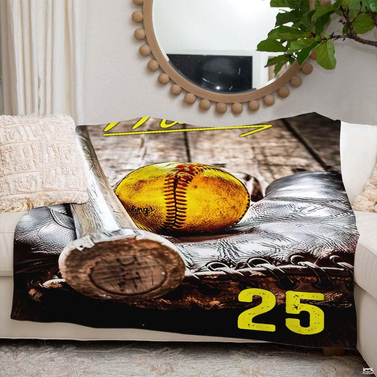 Living room setting showing sports equipment design draped gracefully beneath a round wall mirror.