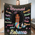African American cartoon mermaid princess with rainbow fin and colorful confetti on black, view 1.