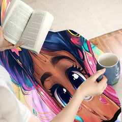 Music headphones girl throw blanket view 9 highlighting rainbow hair, pink headphones, and pastel backdrop