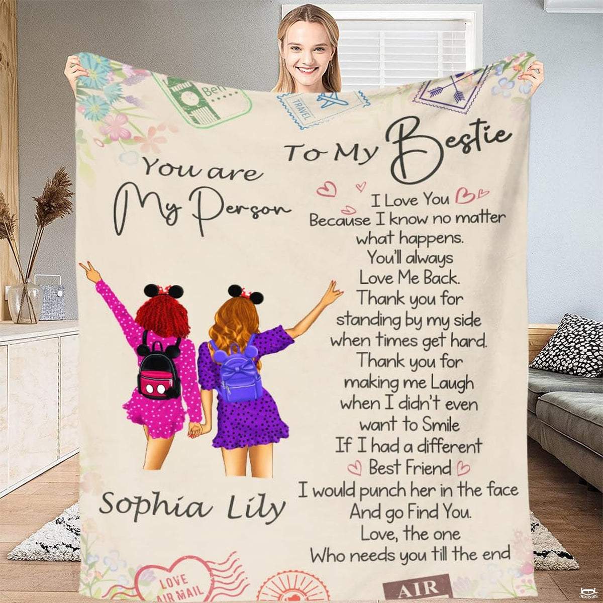 Sisterhood throw blanket featuring two girls in polka dot dresses with mouse-ear backpacks and postal stamps.