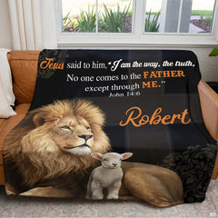 Full flat lay view of the lion and lamb biblical faith artwork blanket.