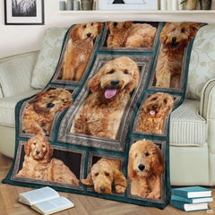 Fleece dog throw showing vintage silver border details around happy pup.