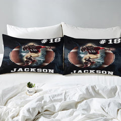 Matching pillowcase detail for athletic bedding set showcasing footballer artwork and jersey numbering