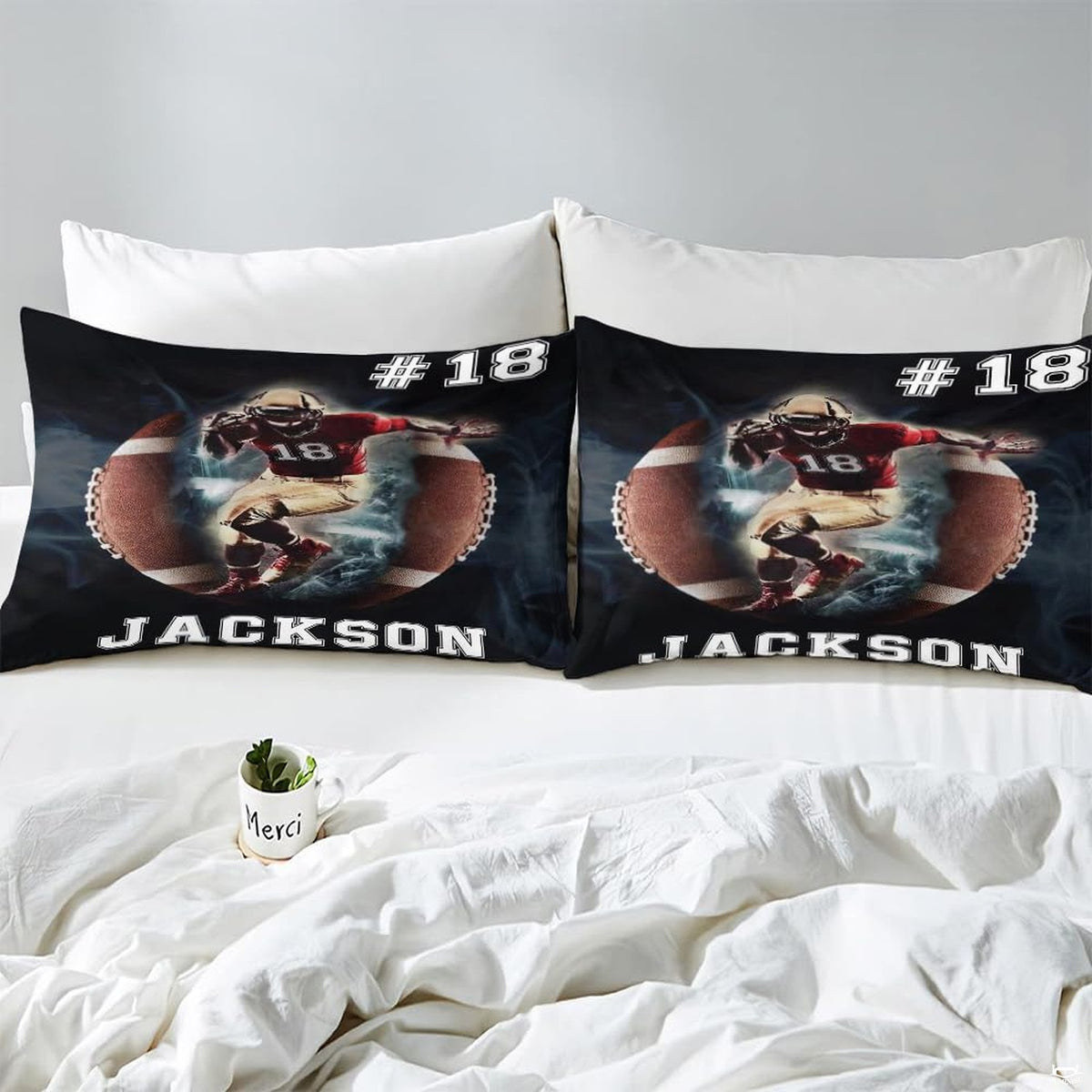 Matching pillowcase detail for athletic bedding set showcasing footballer artwork and jersey numbering