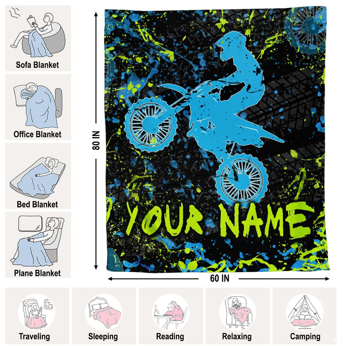 Airborne motocross dirt bike rider silhouette with neon splatters and tire tracks, view 4.