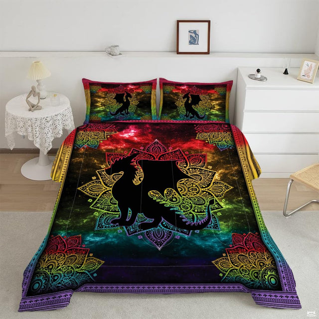 Overhead bedroom view of bohemian bedding featuring black dragon silhouette on golden mandala and rainbow galaxy.