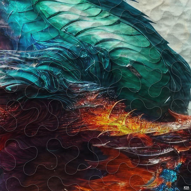 Close-up of layered turquoise dragon wing and glowing orange fantasy details