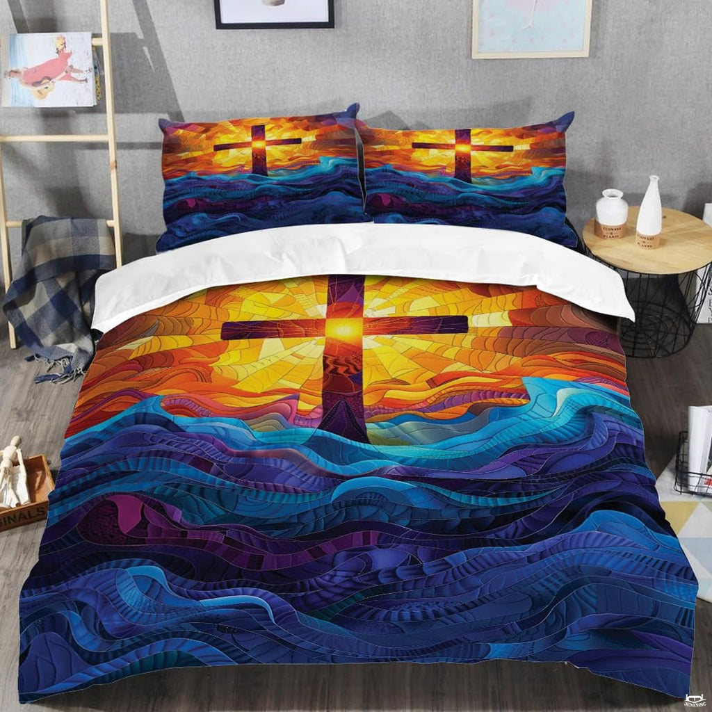 Close-up view of Christian bedding highlighting detailed stained glass cross artwork and scripture typography