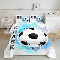 Watercolor soccer bedding featuring a soccer ball hitting a goal net with turquoise splashes on white backdrop