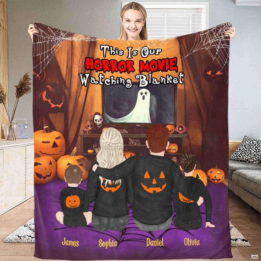 Horror movie watching family halloween blanket front display