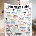 Christian faith affirmation throw blanket featuring inspirational Bible verses and sacred religious line drawings on white