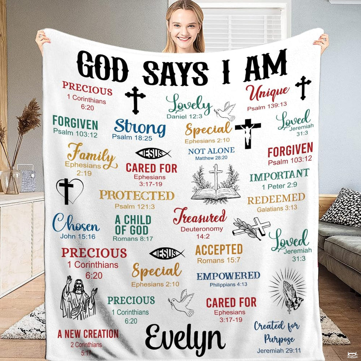 Christian faith affirmation throw blanket featuring inspirational Bible verses and sacred religious line drawings on white