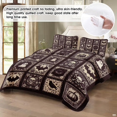Detail of gothic halloween bedding with vintage skull and crescent moon illustrations in antique dark brown framing.