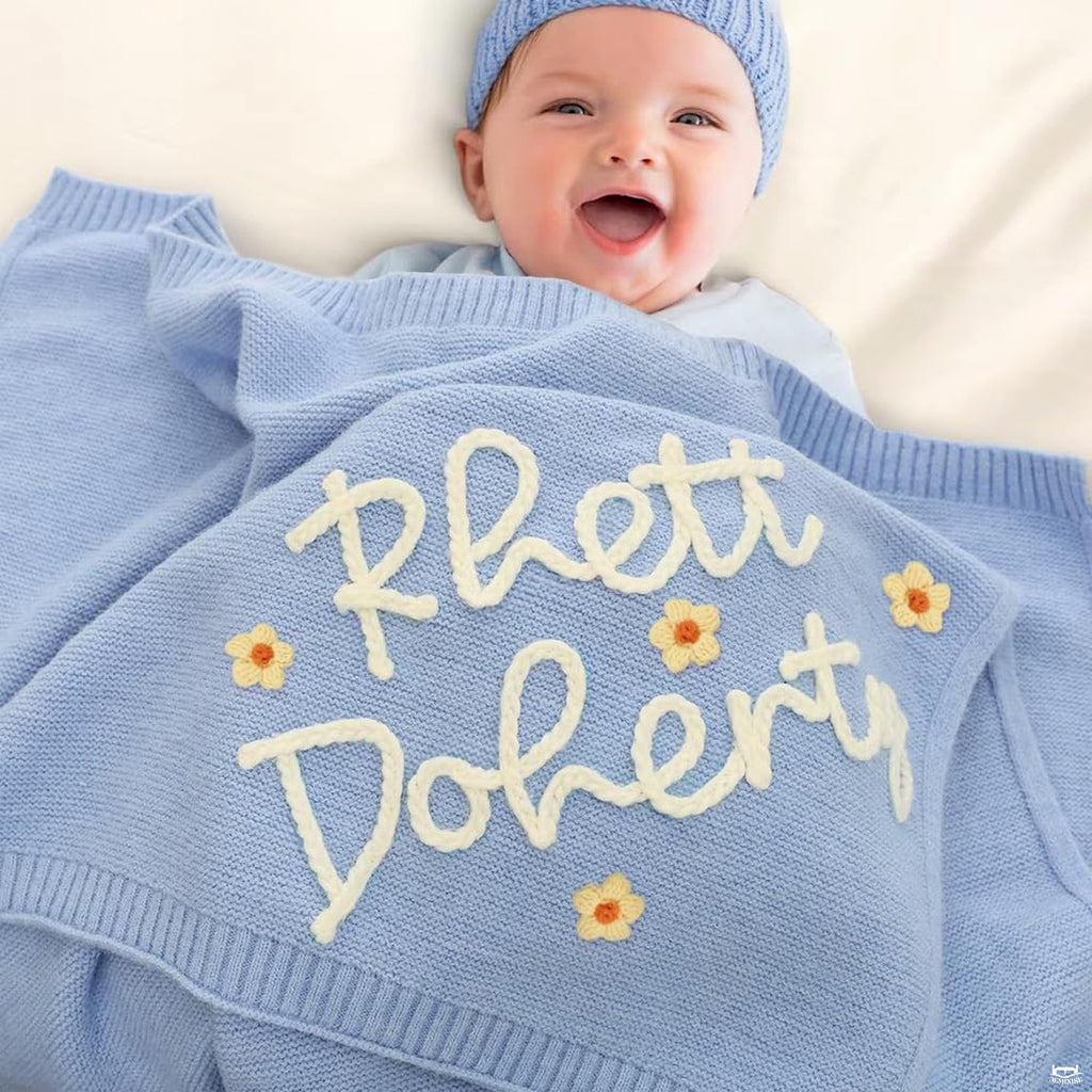 Powder blue nursery daisy floral embroidery blanket with baby boy