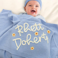 Powder blue nursery daisy floral embroidery blanket with baby boy
