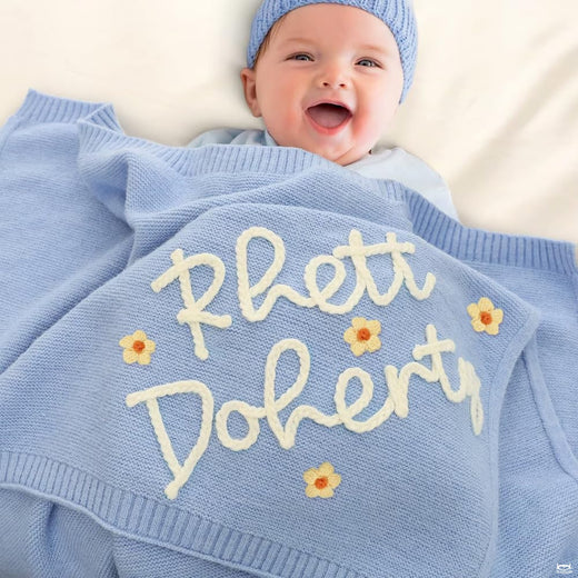 Powder blue nursery daisy floral embroidery blanket with baby boy