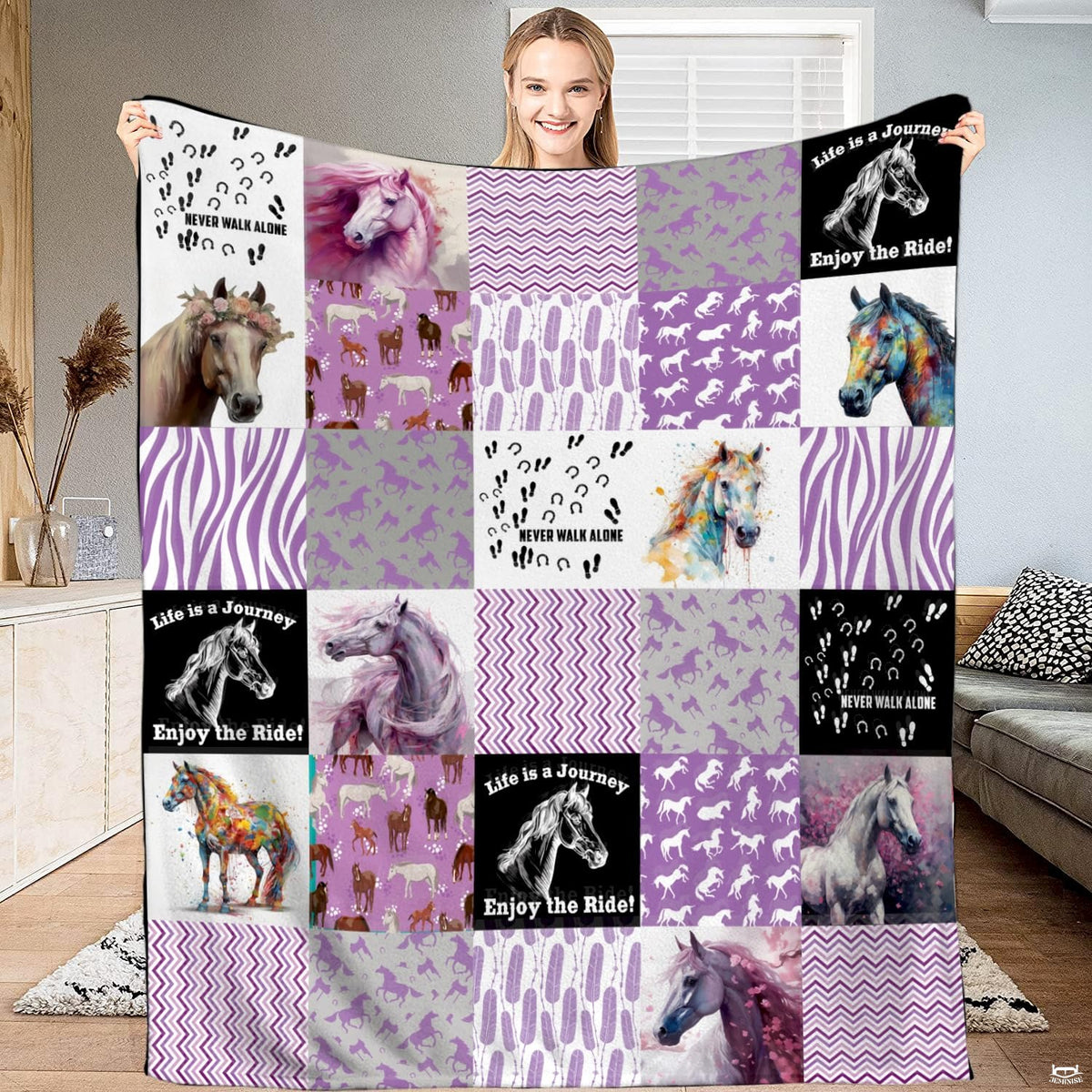 Lavender equestrian horse patchwork collage graphic blanket showing watercolor portraits and chevrons view 1