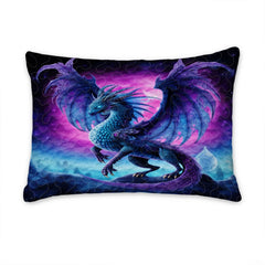 Pillow sham featuring a blue winged dragon against a magenta fantasy sky