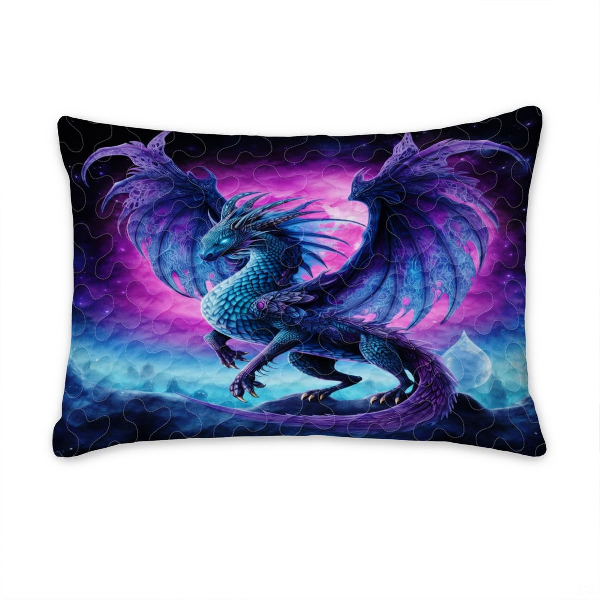 Pillow sham featuring a blue winged dragon against a magenta fantasy sky