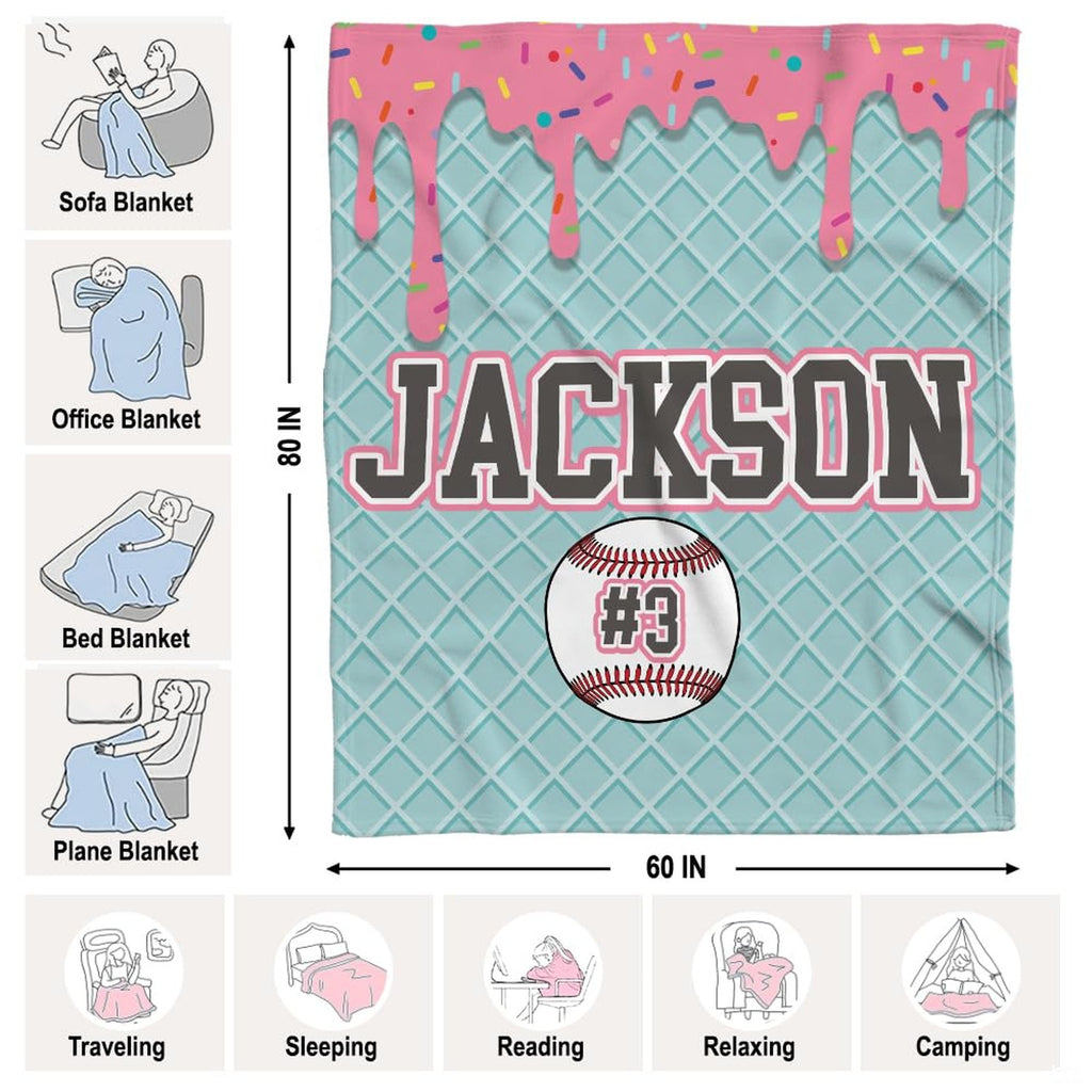 Bedroom display featuring turquoise ice cream waffle pattern and bold varsity number prints.