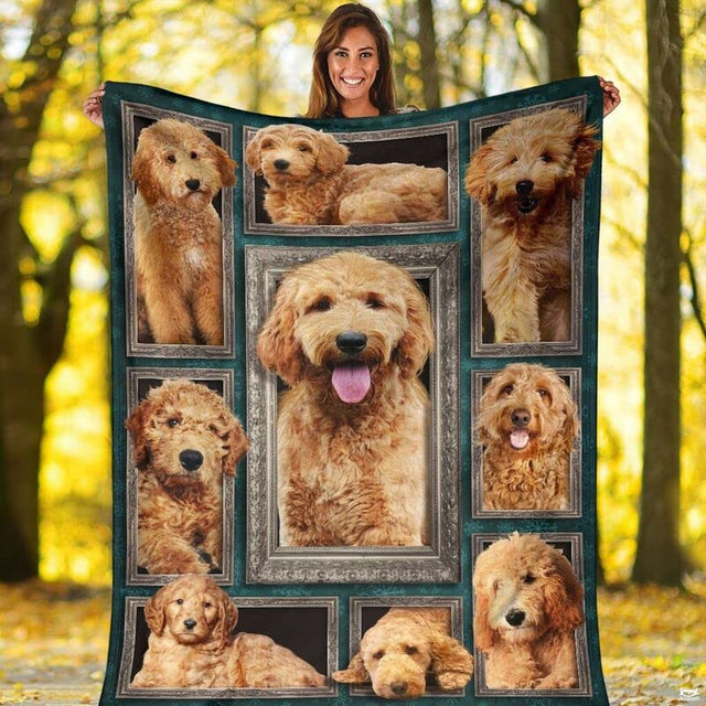 Doodle dog ornate framed photo gallery blanket held upright by model