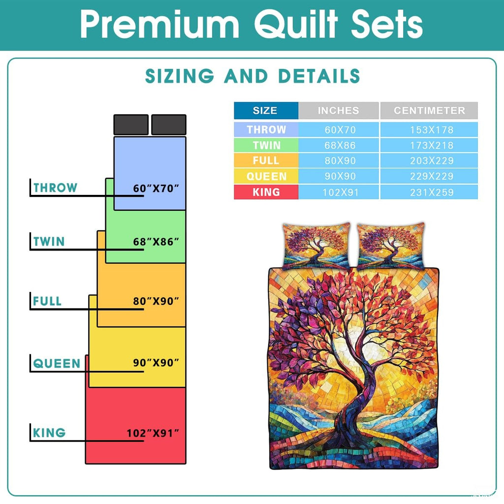 Custom Celtic Tree of Life Quilt Set with Colorful Mosaic Sunburst