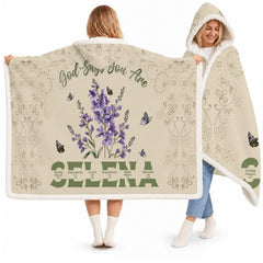 God says you are lavender floral scripture hooded blanket worn by model