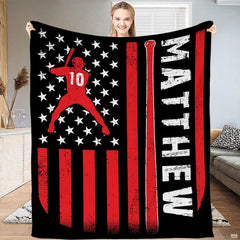 Baseball batter American flag throw blanket view 2 highlighting red flag stripes, stars, and room styling