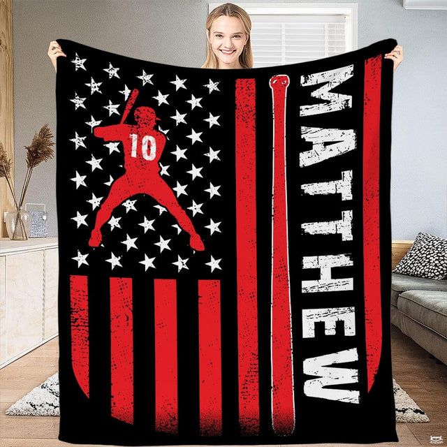 Baseball batter American flag throw blanket view 2 highlighting red flag stripes, stars, and room styling