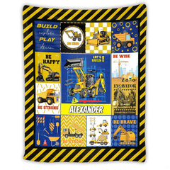 Kids excavator bedding set featuring yellow dump trucks and bulldozers within a patchwork grid.