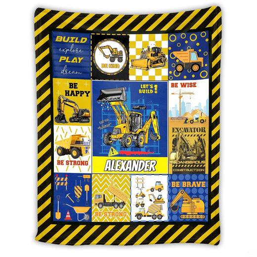 Kids excavator bedding set featuring yellow dump trucks and bulldozers within a patchwork grid.