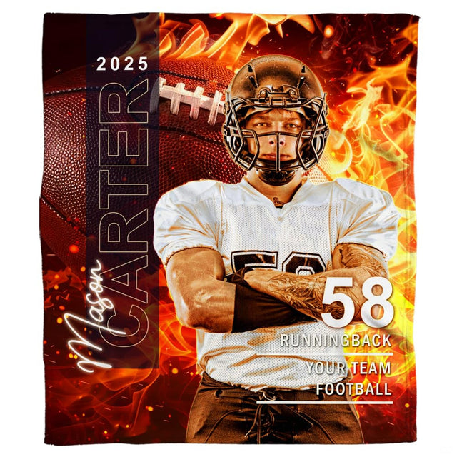 Close view of helmeted gridiron athlete and roaring flames on sports blanket