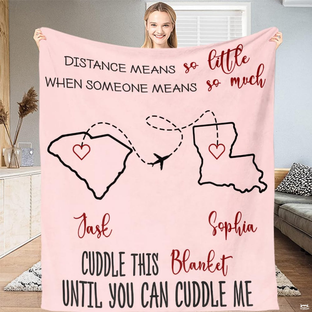 Long distance state to state love map couples blanket showing flight path between states view 2