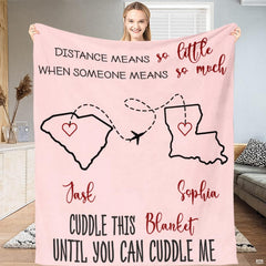 Long distance state to state love map couples blanket showing flight path between states view 2