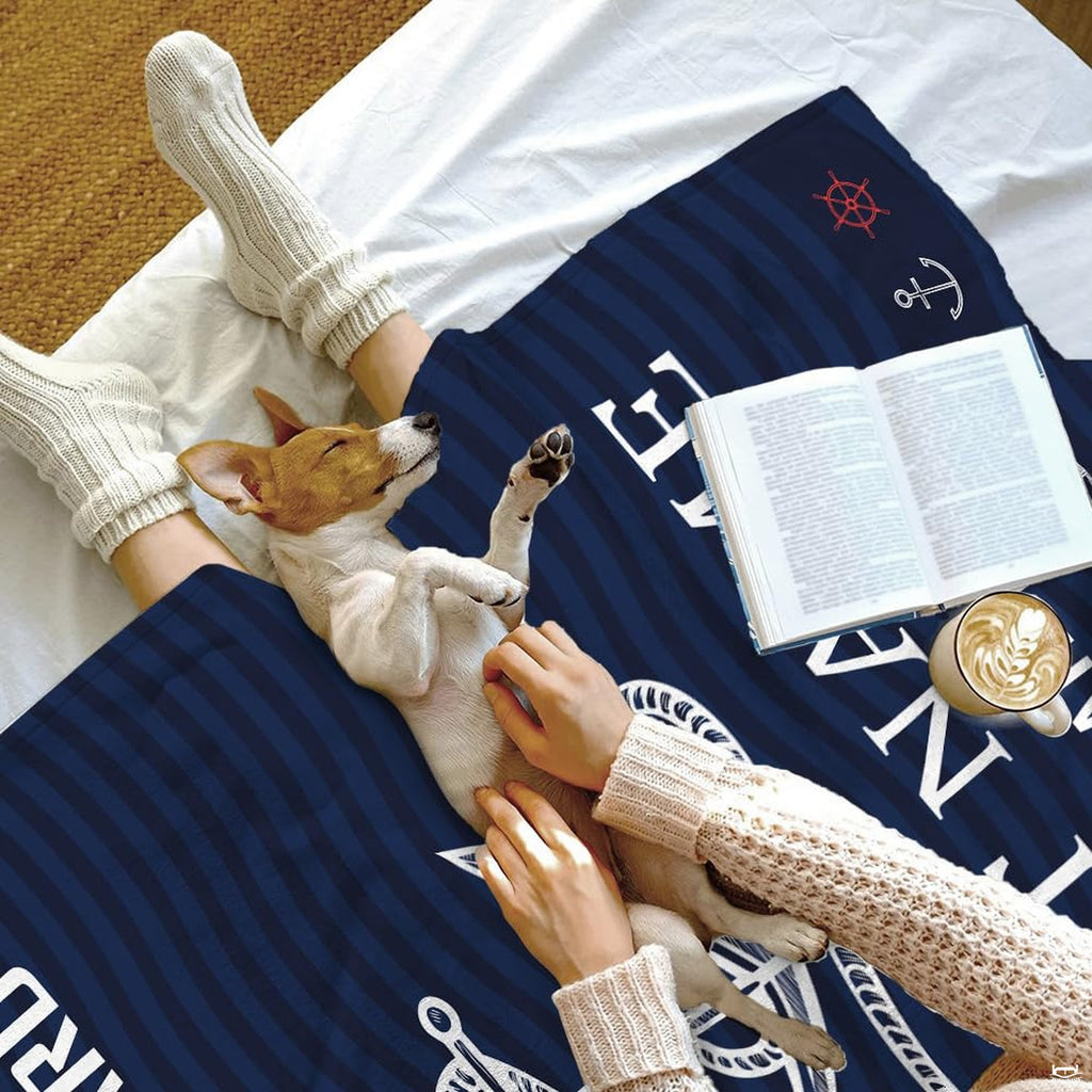 Navy nautical anchor throw blanket view 4 highlighting rope anchor, mini helm border, and wave patterns
