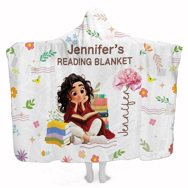Book lover throw blanket featuring an illustrated reader with book stacks and pink peony