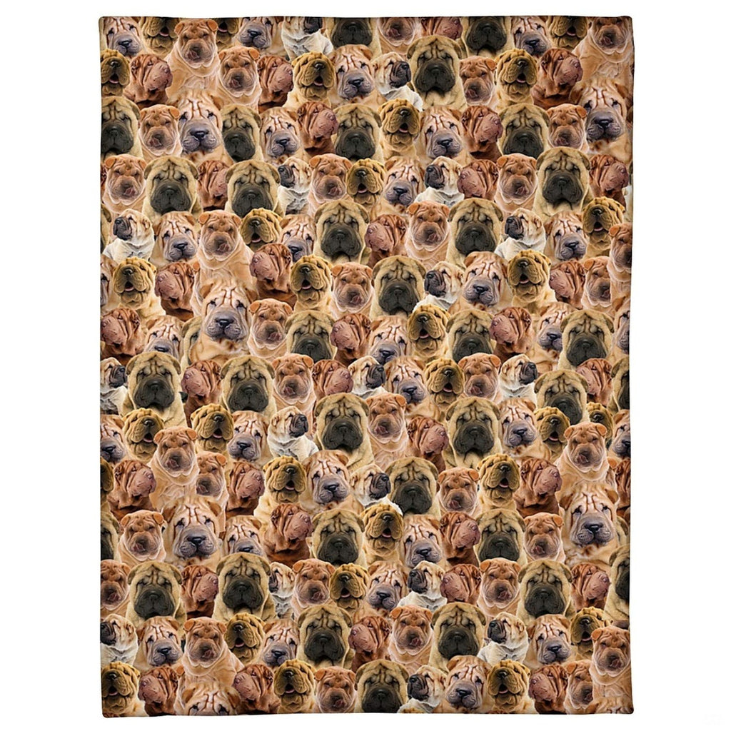 Chinese Shar-Pei dog breed pattern blanket featuring all-over photo collage of wrinkled dog faces.