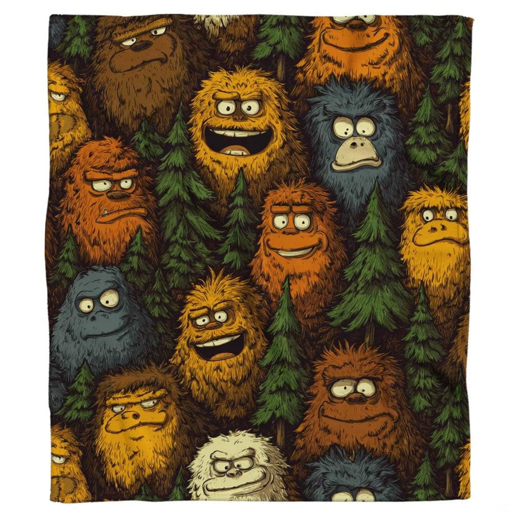 Quirky cartoon Bigfoots and Yetis peeking through evergreen pine trees, view 2.