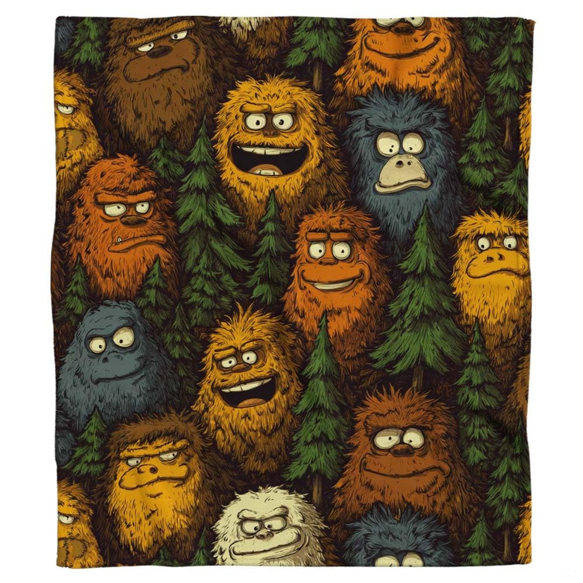 Quirky cartoon Bigfoots and Yetis peeking through evergreen pine trees, view 2.