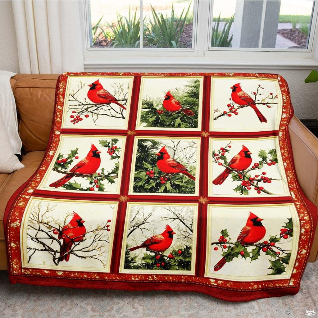 Full flat overhead view showing the complete nine-panel cardinal collage pattern.