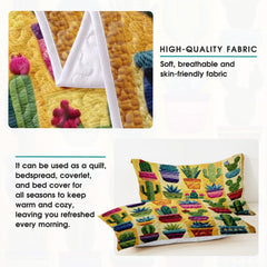 Personalized Vibrant Potted Cactus Garden Quilt Set, Machine Washable
