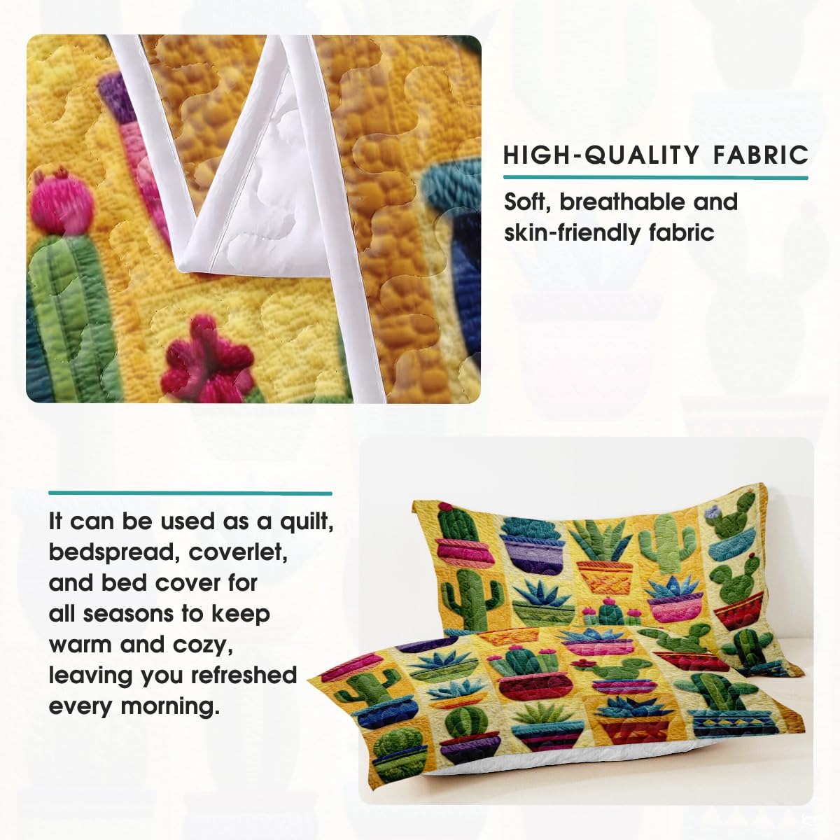 Personalized Vibrant Potted Cactus Garden Quilt Set, Machine Washable