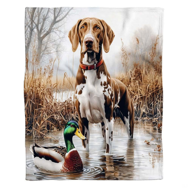 Flat display of hunting pointer dog and mallard duck wetland throw blanket with marsh reeds