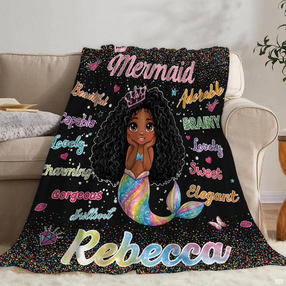 African American cartoon mermaid princess with rainbow fin and colorful confetti on black, view 8.