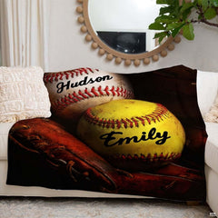 Baseball and softball athletic blanket styled across living room couch