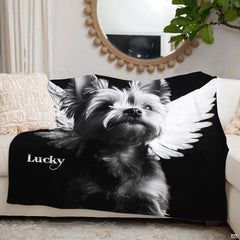 Fine art canine portrait with delicate feathered wings showcased across elegant bedroom bedding.