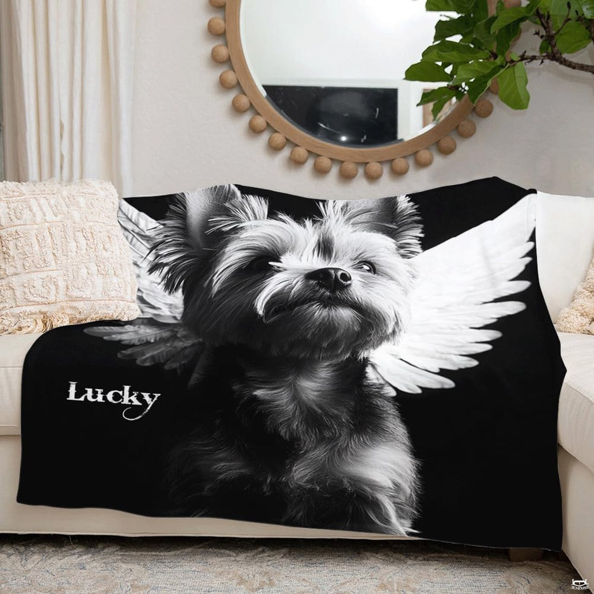 Fine art canine portrait with delicate feathered wings showcased across elegant bedroom bedding.